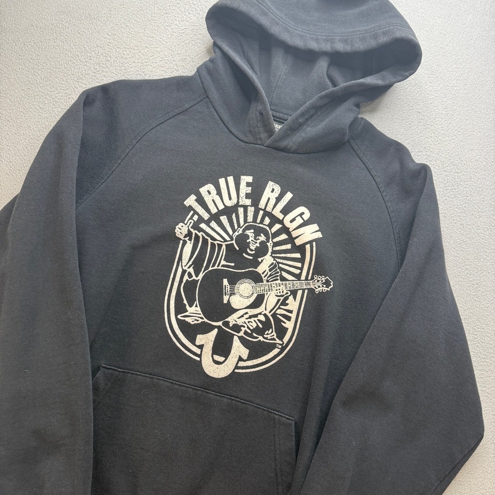 True Religion Buddha Guitar Graphic Hoodie Mens Small Black Pullover Streetwear